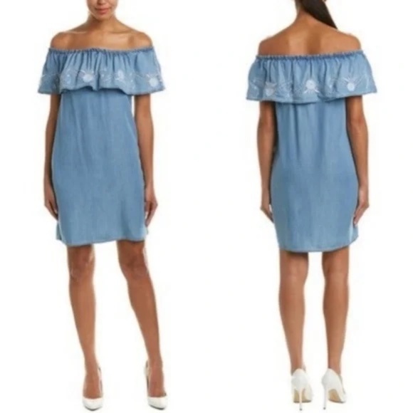 beachlunchlounge Rosella Off Shoulder Chambray Embroidered Mini Shift Dress - Picture 1 of 7